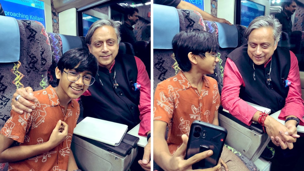 Shashi Tharoor interacting with 16-year-old AI innovator Raul John Aju inside a Vande Bharat Express train cabin Shashi Tharoor interacting with 16-year-old AI innovator Raul John Aju inside a Vande Bharat Express train cabin