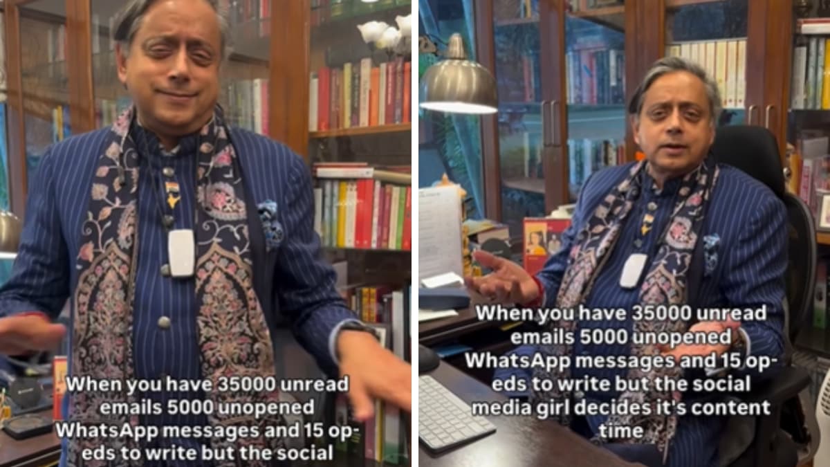 Shashi Tharoor in a conference room, smiling and swaying slightly, with text overlay mentioning 35,000 unread emails and 15 op-eds.