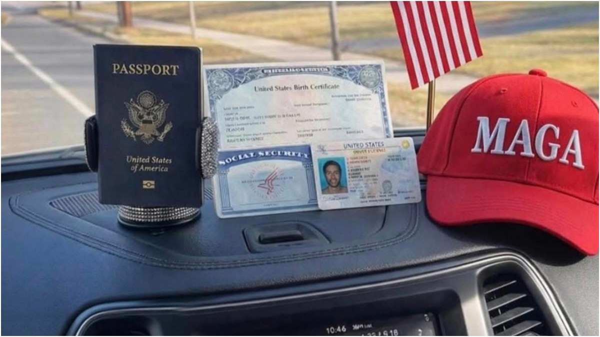 Besides US passport, the photo featured 'Make America Great Again' hat, his birth certificate, and the American national flag.