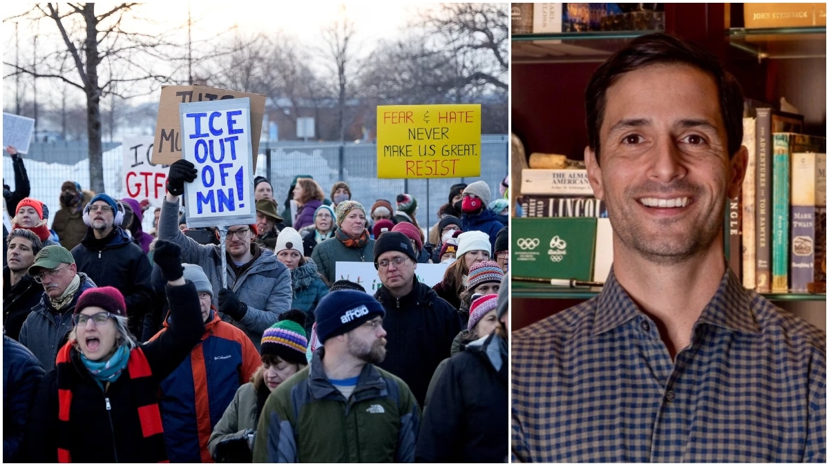 People protest against the fatal shooting of Renee Nicole Good by an ICE agent outside the Whipple Building in Minneapolis (left) and Immigration Attorney Andre Matias (right) (Image source: Reuters, LinkedIn)