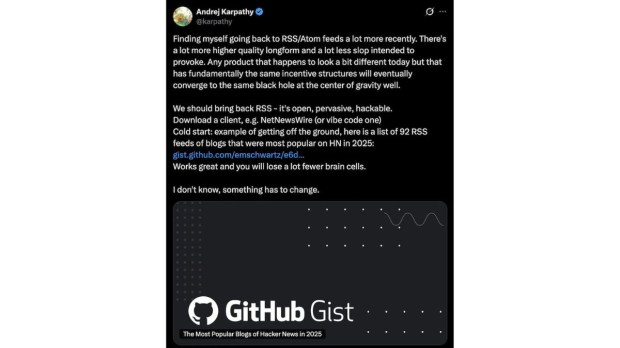 AI guru Andrej Karpathy, the brain behind Vibe Coding, says only RSS can save the internet from ‘slop’