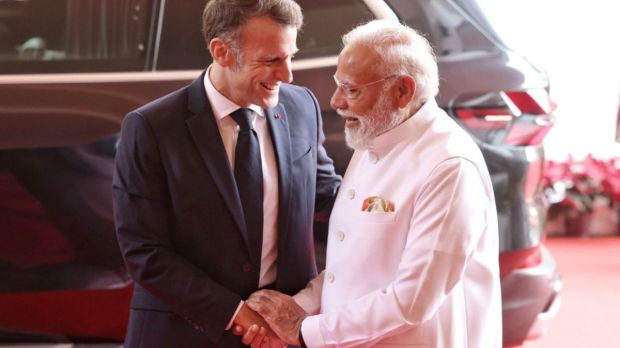 Following his hour-long interaction with members of the Indian film industry and artists, Macron departed to the Maharashtra Lok Bhavan where he was personally received by PM Modi. “I am delighted to meet you my friend,” PM Modi said while welcoming Macron. (Image Source: PTI)