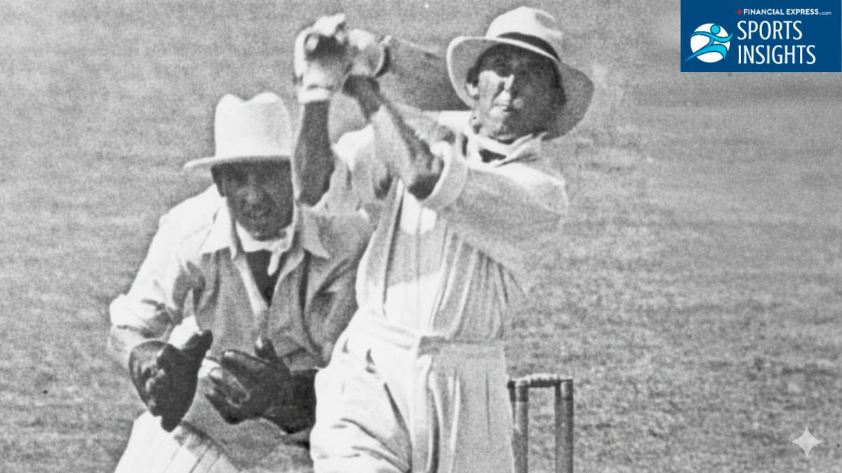 Black and white photograph of England batter Eddie Paynter playing a powerful shot during the 1933 Brisbane Test.