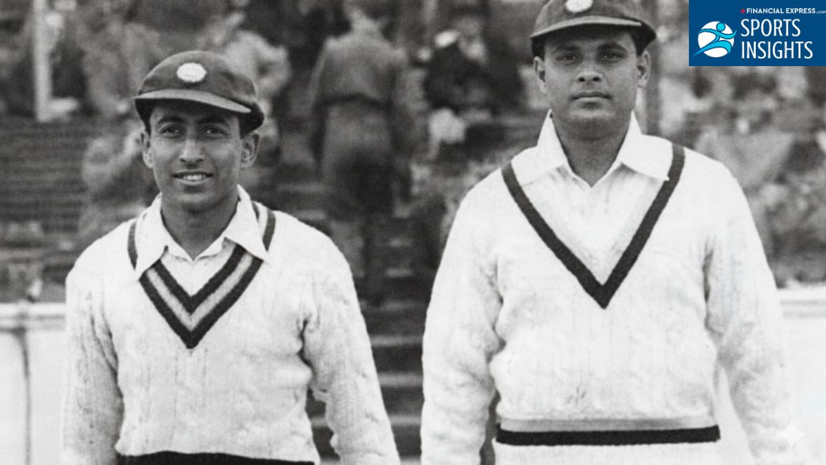 Black and white historical photograph of Indian cricketers Chandu Sarwate and Shute Banerjee standing side-by-side in their cricket whites and caps at The Oval in 1946.