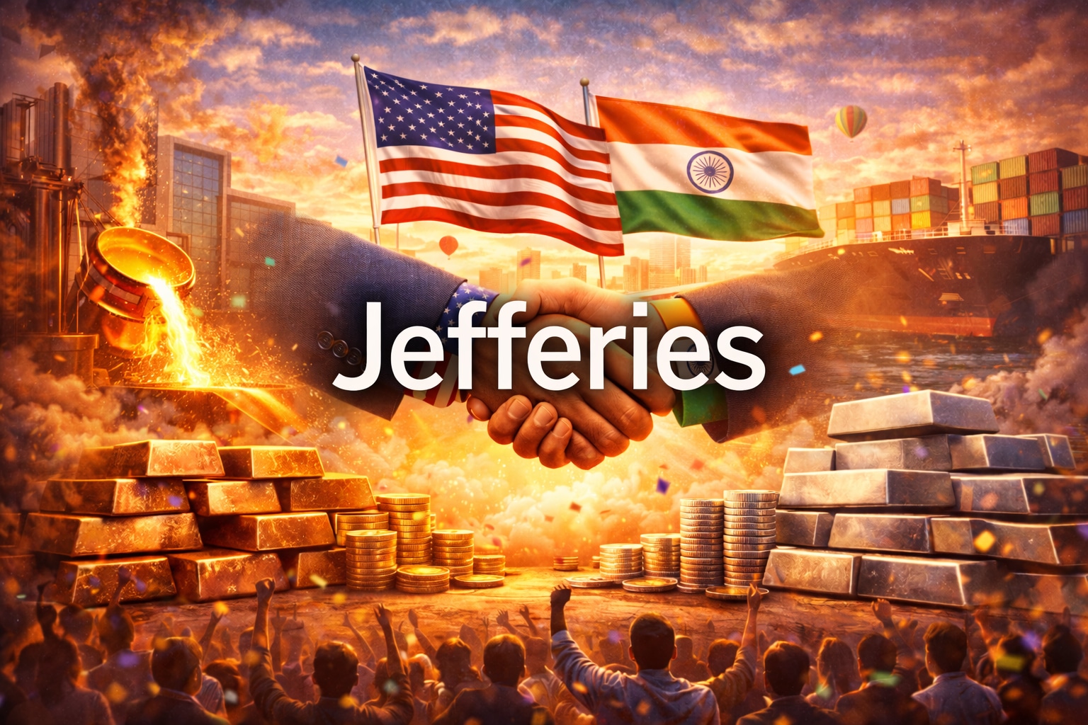 A comparison infographic showing Jefferies' new 'Overweight' sectors (Metals, Materials) and 'Underweight' sectors (IT) following the India-US trade deal, with top stock picks like Hindustan Zinc, JSW Steel, and Zomato.