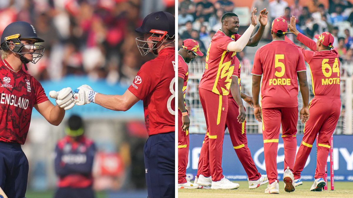 ENG vs WI Live Score, T20 World Cup 2026: Split image of England batters and West Indian bowlers in the backdrop of the Wankhede Stadium in Mumbai as the Englishmen chase 197 to win the match
