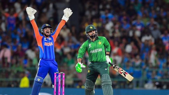 Ishan Kishan celebrates from behind the stumps after he earlier hit a 27-ball fifty against Pakistan in the T20 World Cup 2026