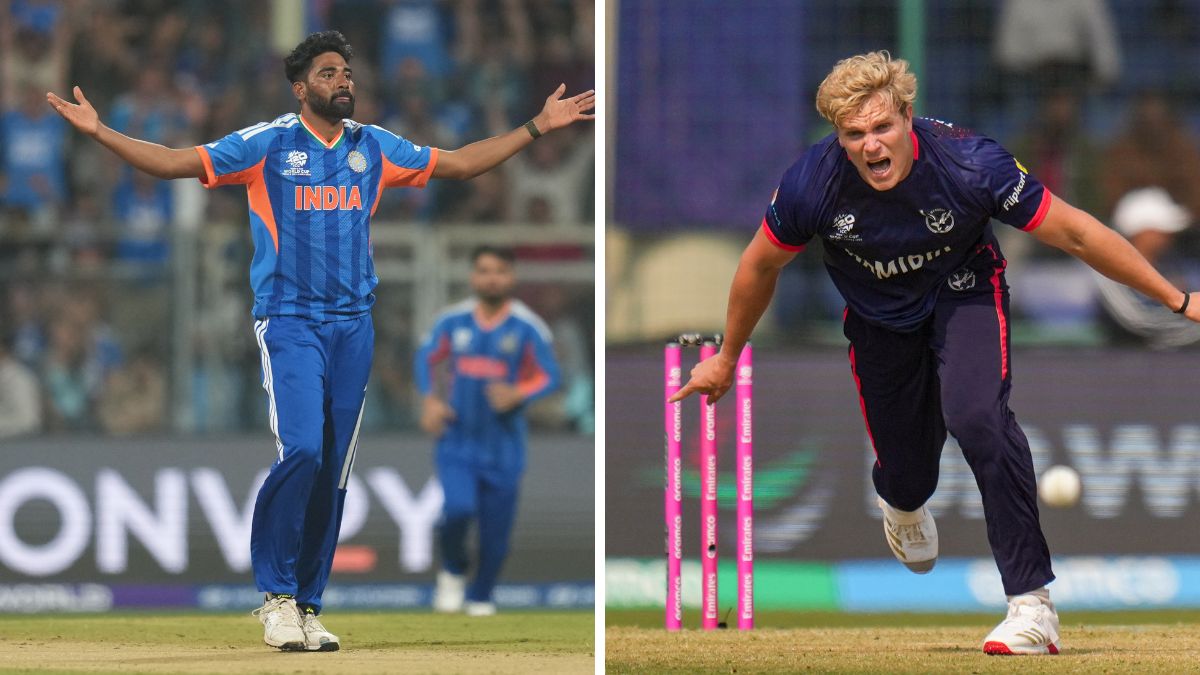 IND vs NAM LIVE Score, T20 World Cup 2026: In pciture are Mohammed Siraj from India and Ruben Trumpelmann from Namibia