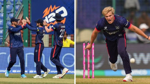 Image showing Namibian players Gerhard Erasmus, JJ Smit, Ruben Trumpelmann, Jan Nicol Loftie-Eaton, and Bernard Scholtz who could impact the IND vs NAM T20 World Cup 2026 match