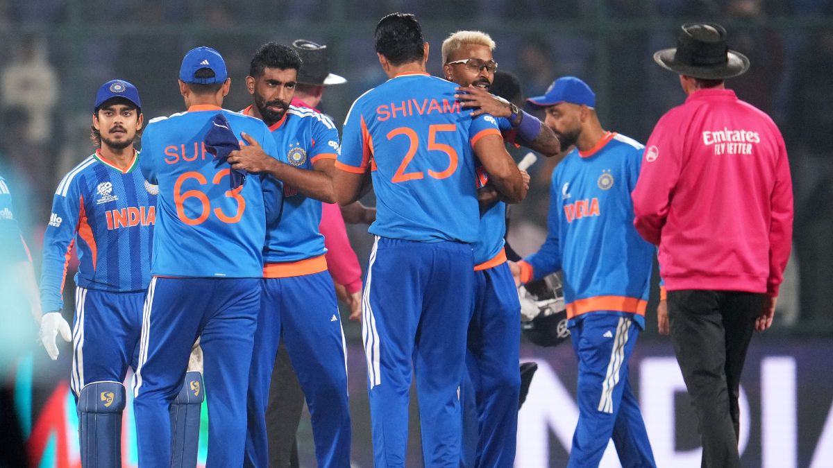 IND vs NAM Highlights, T20 World Cup 2026: Indian players celebrate after their 96-run win against Namibia at the Arun Jaitley Stadium in New Delhi