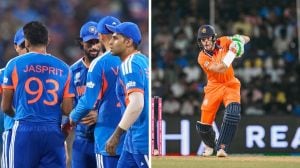 Image showing the Netherlands batter and Indian bowlers in the middle as the Indian team defend their total of 193 in match 36 of the ICC T20 World Cup 2026 at the Narendra Modi Stadium in Ahmedabad