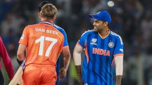 Image showing Indian skipper Suryakumar Yadav shaking hands with Netherlands players as the Men in Blue defeated the Dutch by 17 runs at the Narendra Modi Stadium in Ahmedabad.