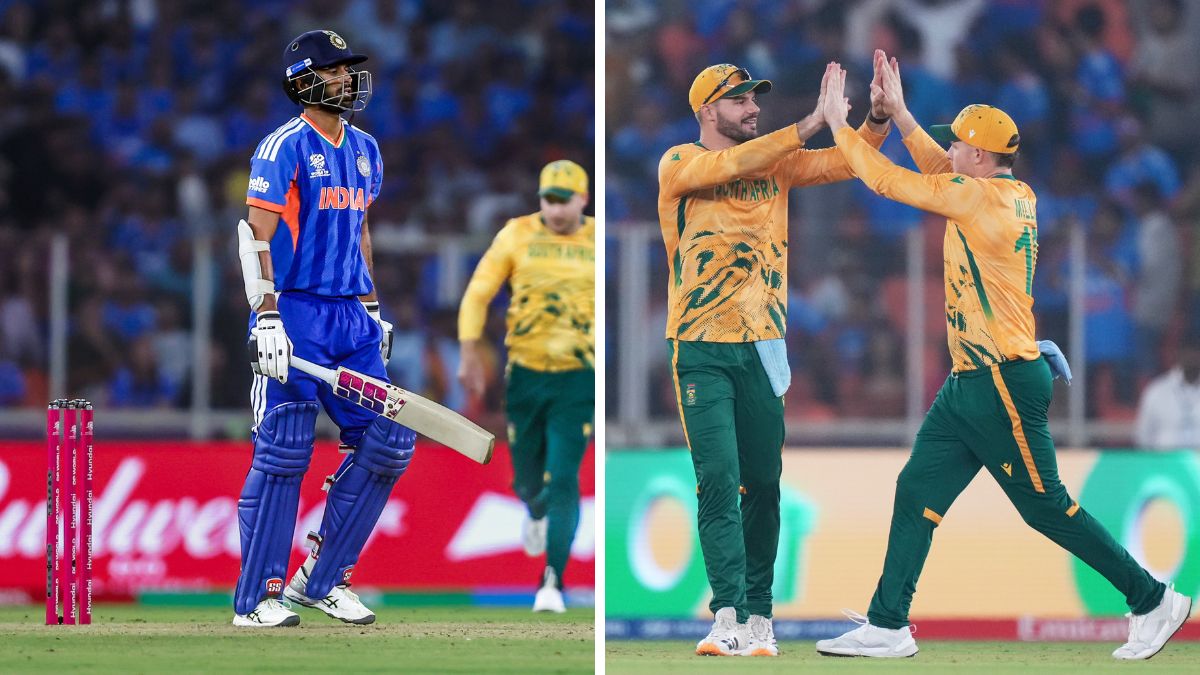 IND vs SA HIGHLIGHTS, T20 World Cup 2026: Split image showing devasted Indian batter and celebrating South African captain as South Africa beat India by 76 runs in Super 8 match at the Narendra Modi Stadium in Ahmedabad. IND vs SA HIGHLIGHTS, T20 World Cup 2026: Split image showing devasted Indian batter and celebrating South African captain as South Africa beat India by 76 runs in Super 8 match at the Narendra Modi Stadium in Ahmedabad.