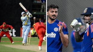 A split image showing Henry Olonga celebrating in 1999 and Suryakumar Yadav leading India in 2026.