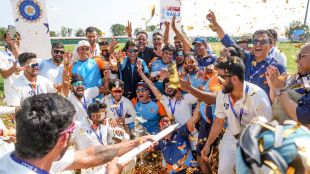 Jammu and Kashmir players celebrate their maiden and historic Ranji Trophy title win against Karnataka.