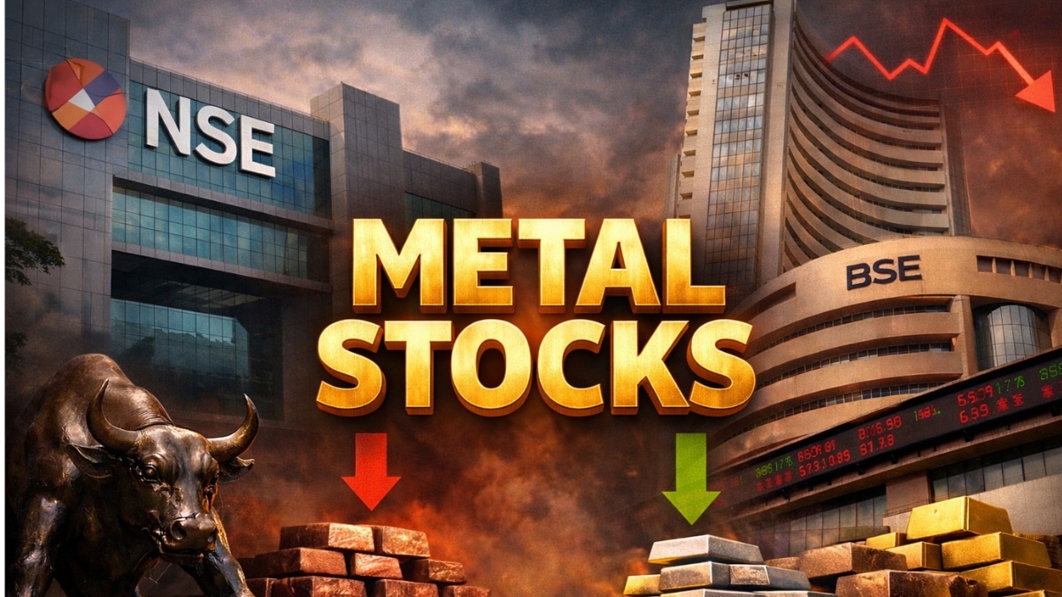 A red-themed stock market dashboard showing 'Lower Circuit' alerts for MCX and Hindustan Zinc, with a gold bar and silver coin graphic in the background.