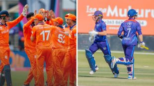 Split image of the Netherlands team in a huddle on left as Namibian batters take a run on right. The two go head-to-head in T20 World Cup 2026 Group A encounter in Delhi