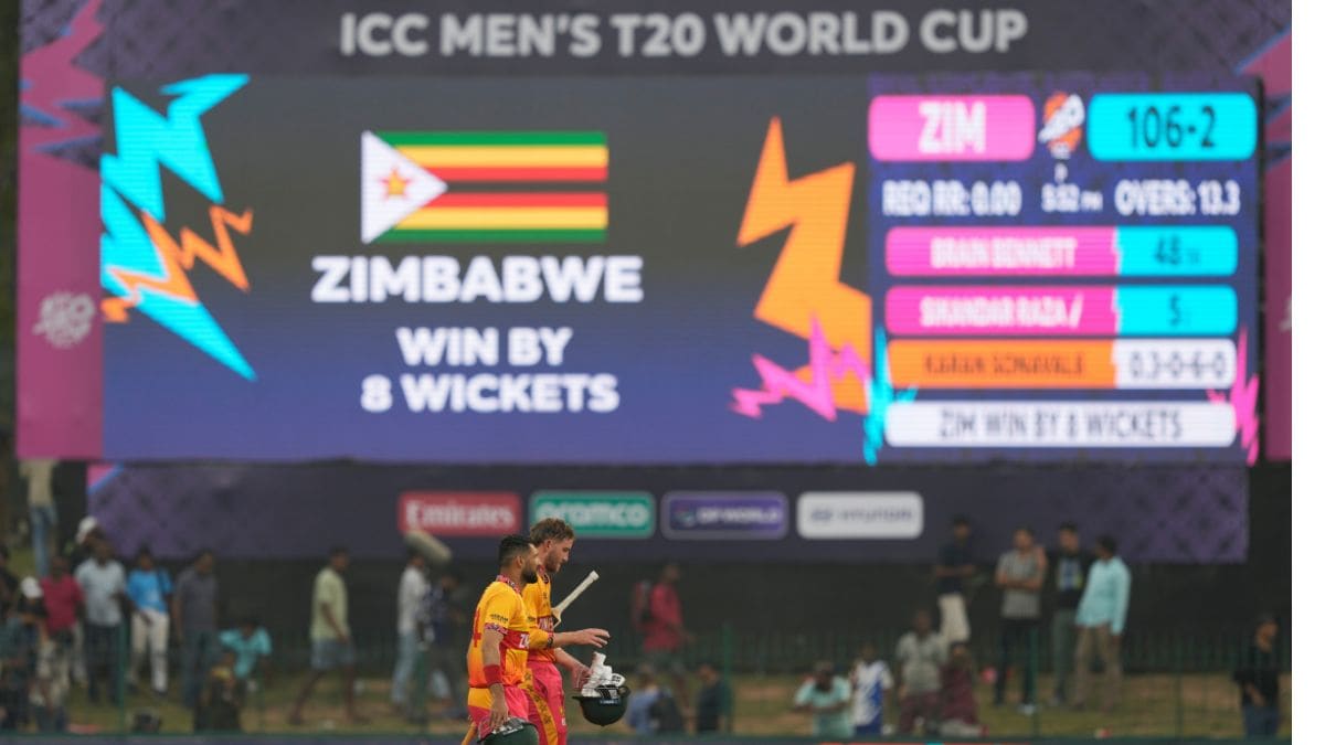 Zimbabwe vs Oman highlights, T20 World Cup, 2026: Brian Bennett and Sikandar Raza walk back to the pavilion after winning the match for Zimbabwe at the SSC Colombo on February 9th, 2026.