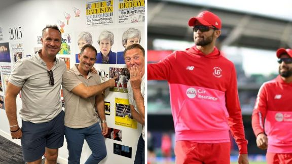 Double-split image of Michael Vaughan (left) and Shaheen Shah Afridi (right) representing the 2026 controversy over Pakistani players being snubbed by Indian-owned teams in The Hundred