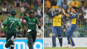 PAK vs SL LIVE SCORE, T20 World Cup 2026: Split image showing Pakistan taking on Sri Lanka in a must-win Super 8 match in Pallekele. They bat first.