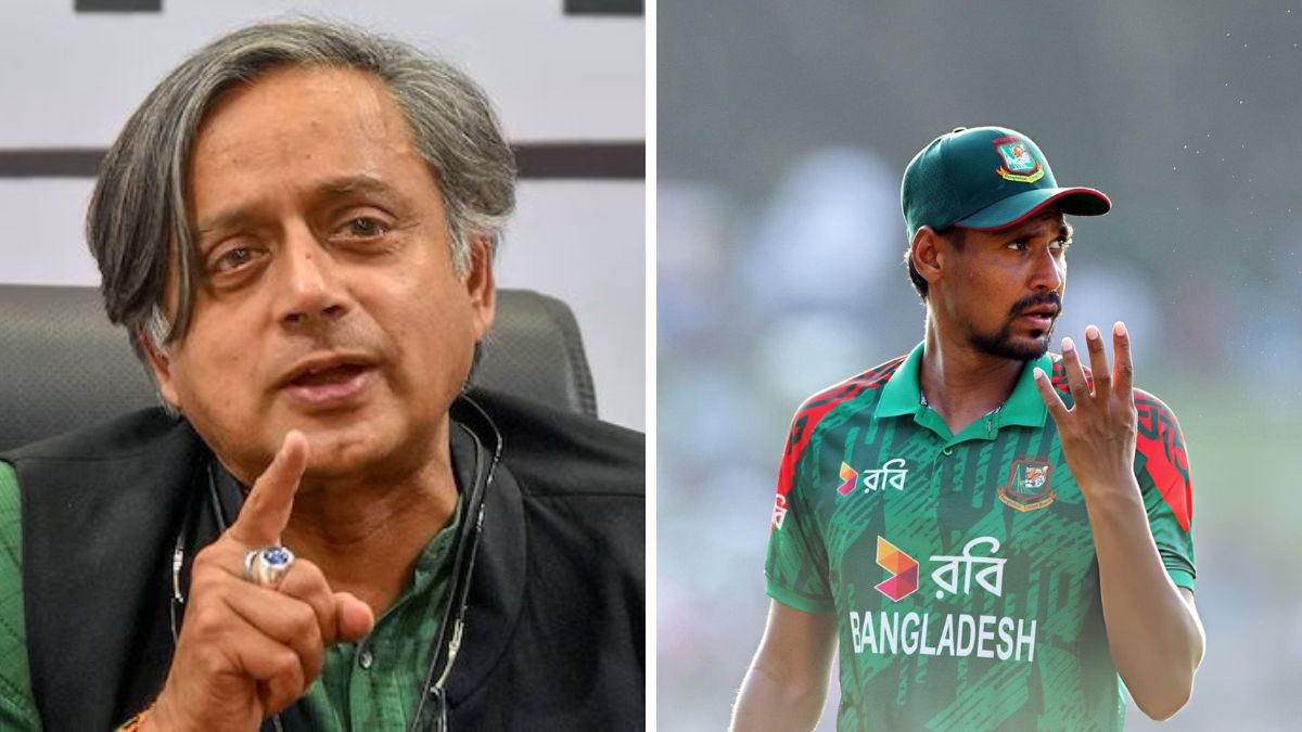 Shashi Tharoor commenting on India-Pakistan cricket politics. Mustafizur Rahman KKR IPL auction profile.