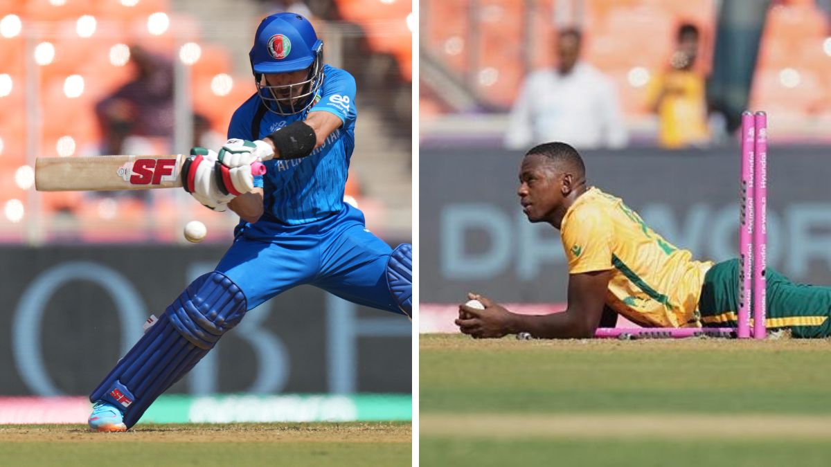 SA vs AFG highlights: Split of image Afghanistan batter Rahmanullah Gurbaz and South Africa bowler Kagiso Rabada in action at the Narendra Modi Stadium in Ahmedabad. SA vs AFG highlights: Split of image Afghanistan batter Rahmanullah Gurbaz and South Africa bowler Kagiso Rabada in action at the Narendra Modi Stadium in Ahmedabad.