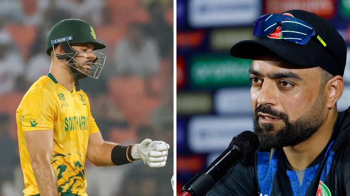 SA vs AFG Live Score: Split image of South Africa captain Aiden Markram alongside Afghanistan skipper Rashid Khan as the two teams take on each other at the Narendra Modi Stadium in Ahmedabad in match 13, a group D encounter in T20 World Cup, 2026