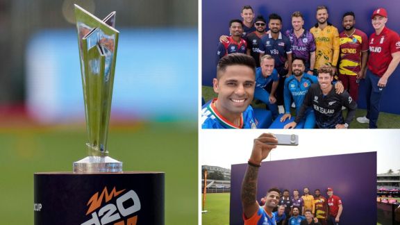 Split image of the official ICC Men's T20 World Cup 2026 trophy at a stadium, representing the tournament's Super 8 stage and team standings as team captains appear on the side.