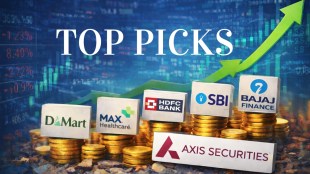 A summary table showing Axis Securities' top 6 stock picks for February 2026 including Bajaj Finance, SBI, HDFC Bank, Bharti Airtel, DMart, and Max Healthcare with their respective upside potentials ranging from 11% to 33%.