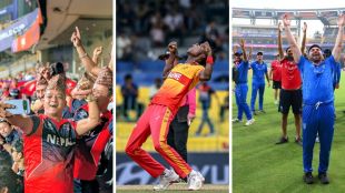 A collage featuring Blessing Muzarabani celebrating, the Nepal fans at Wankhede, and the Italy cricket players after their record-breaking maiden win against Nepal