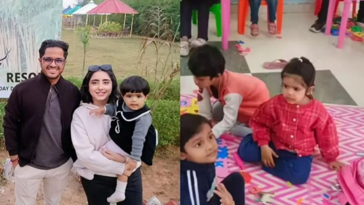 A young girl, Siya Garg, playing with educational toys inside a brightly painted government Anganwadi centre in Chitrakoot, Uttar Pradesh, while other children sit nearby on a floor mat.