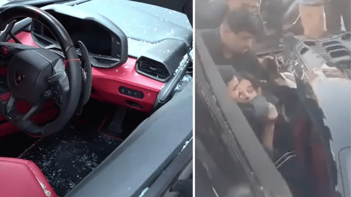 Viral video shows bouncers removing Shivam Mishra from Lamborghini after Kanpur crash that injured pedestrians. Viral video shows bouncers removing Shivam Mishra from Lamborghini after Kanpur crash that injured pedestrians.