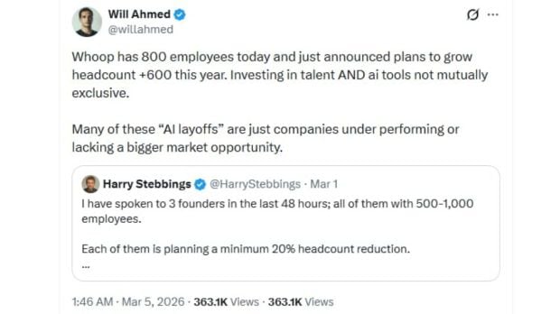 AI taking jobs? Whoop CEO Will Ahmed says companies are using AI as a convenient excuse for layoffs