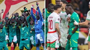 Senegal football team celebrating AFCON 2026 victory in Rabat before CAF later stripped the title and awarded Morocco a 3-0 forfeit win.