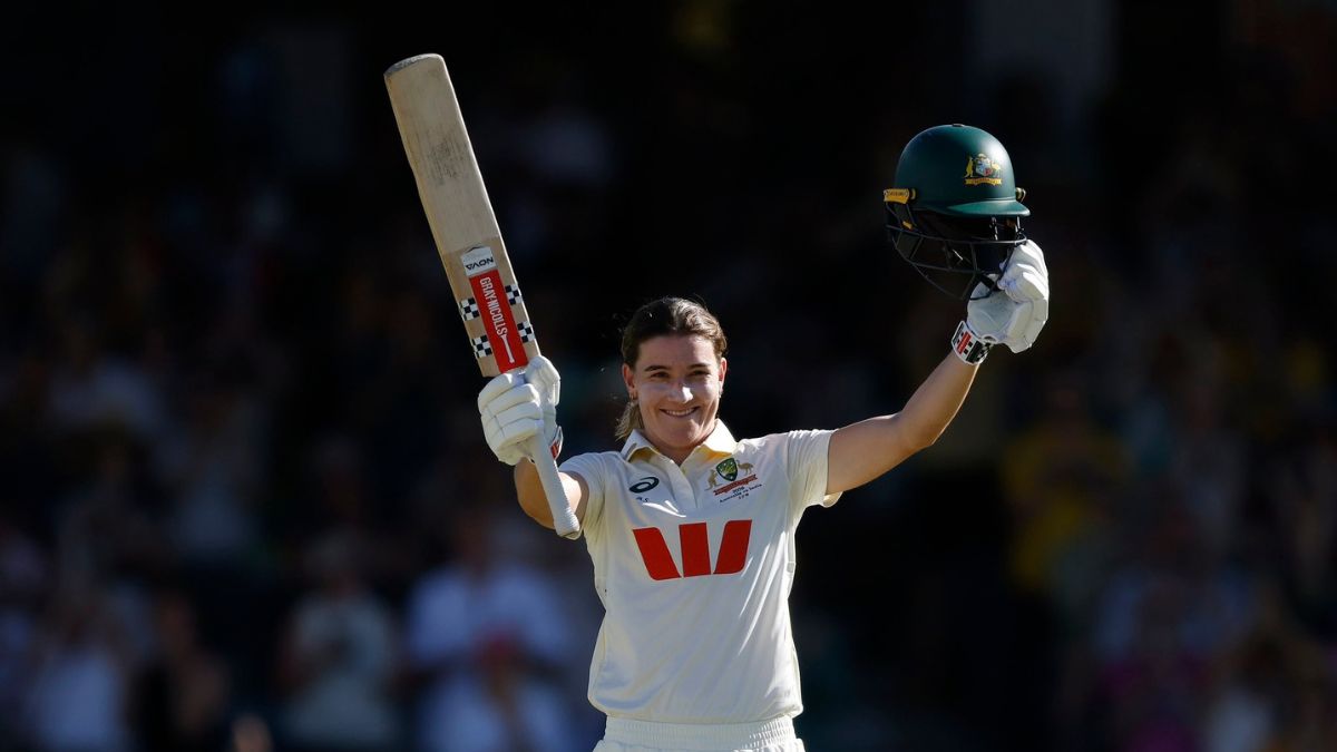 Australian cricketer Annabel Sutherland celebrating after reaching her historic third consecutive Test century against India at the WACA. Australian cricketer Annabel Sutherland celebrating after reaching her historic third consecutive Test century against India at the WACA.