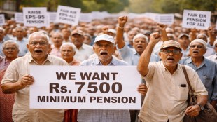 Elderly pensioners protesting together while holding a banner demanding higher minimum EPF pension under EPS-95
