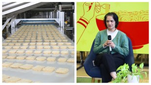 Rupali Rattan, director, foods, Nestle India (R) and Maggi noodle cakes roll down the conveyor belt at Nestle India's Sanand plant in Gujarat. (L)
