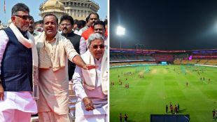 A collage featuring key Karnataka political leaders including DK Shivakumar and Siddaramaiah set against the empty field of M. Chinnaswamy Stadium at night during the IPL ticket controversy.