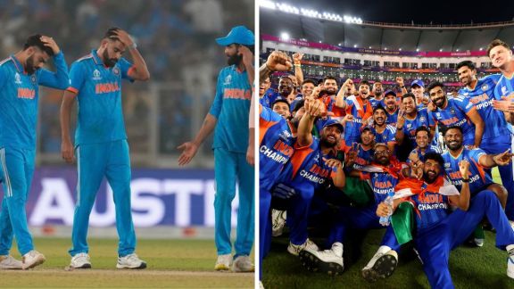 Indian cricket redemption at Ahmedabad: Image showing Rohit Sharma's side heartbroken after 2023 World Cup final loss and Surya's side jubilant after 2026 T20 World Cup win
