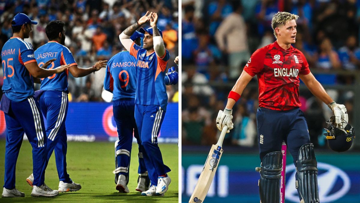 IND vs ENG HIGHLIGHTS, T20 World Cup 2026 Semi-Final: Split Image showing Indian team celebrating victory (left) and England's Jacob Bethell (right) as his century goes in vain. Men in Blue win the match by 7 runs and move to the final. IND vs ENG HIGHLIGHTS, T20 World Cup 2026 Semi-Final: Split Image showing Indian team celebrating victory (left) and England's Jacob Bethell (right) as his century goes in vain. Men in Blue win the match by 7 runs and move to the final.