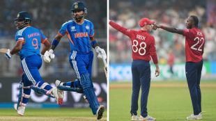 IND vs ENG SEMI-FINAL LIVE SCORE: Split Image showing India batting and England bowling as the two teams clash in the semi-final of the T20 World Cup 2026 at the Wankhede Stadium in Mumbai.