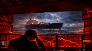 A red-themed market heatmap showing major indices like Nifty 50 and Sensex with a -10% label from January peaks. Background features a flickering oil price ticker at $100 and a map of the Strait of Hormuz with shipping disruption icons.