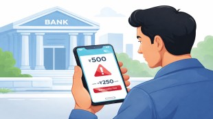 Bank customer checking low balance on mobile banking app while penalty charges notification appears.