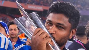 "Sanju Samson holding the 2026 T20 World Cup trophy after India's victory in the final