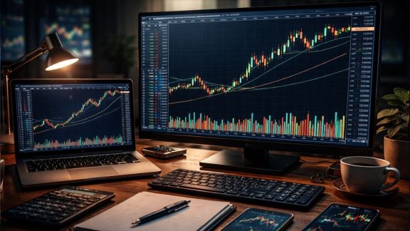 A vibrant market dashboard showing the Nifty 50 at 23,700, with top gainers Coal India and NTPC Green Energy displayed alongside a falling crude oil price chart and a "Buy" signal on power stocks.