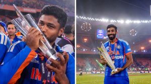 Sanju Samson Player of the Tournament T20 World Cup 2026 alongside Jasprit Bumrah, player of the match in final with World Cup trophy