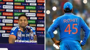 A split image of Suryakumar Yadav at the press conference and the dejected Indian team after the 2023 World Cup final defeat in Ahmedabad.