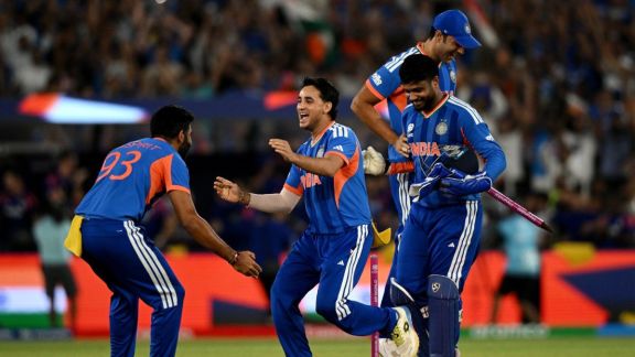 Team India celebrates with T20 World cup trophy defeating New Zealand in the final at the Narendra Modi Stadium in Ahmedabad.