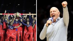 A comparison infographic showing Steve Ballmer with the LA Clippers logo alongside Aryaman Birla with the RCB logo, highlighting the Rs 16,660 crore valuation.