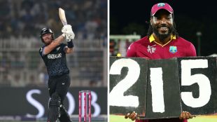 Top 5 fastest century T20 World Cup history. Split Image showing Finn Allen as he hit a 33-ball century and Chris Gayle, whose record he broke with that knock in Kolkata.